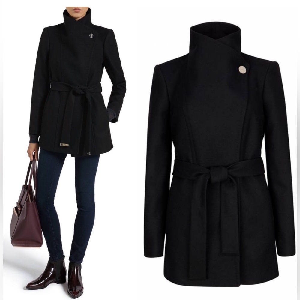 TED BAKER NWOT Black Wool and Cashmere Mid Length Jacket with Belt